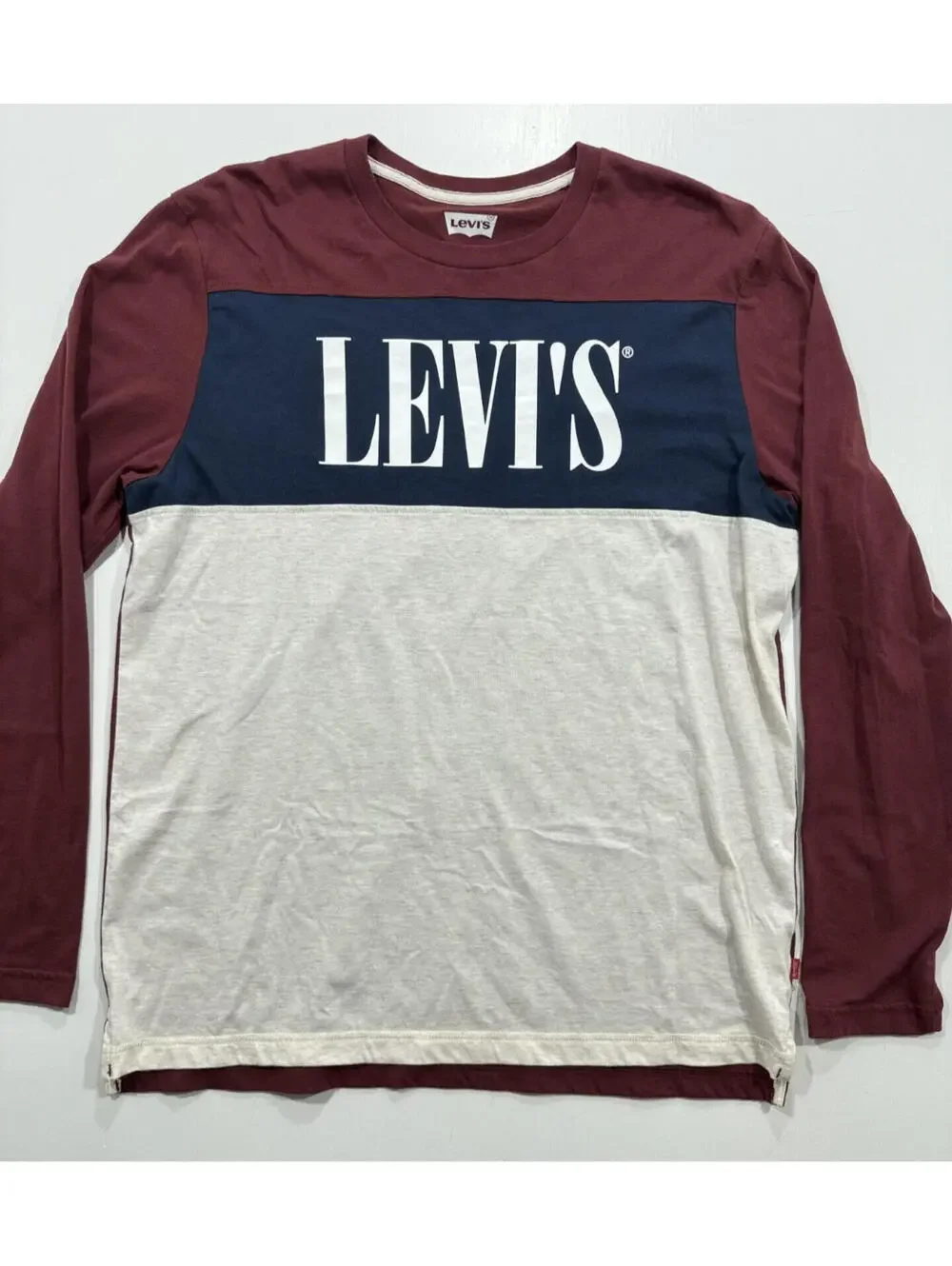 Levi’s Shirt Mens Large Burgundy Navy Colorblock Long Sleeve Logo Crewneck Tee